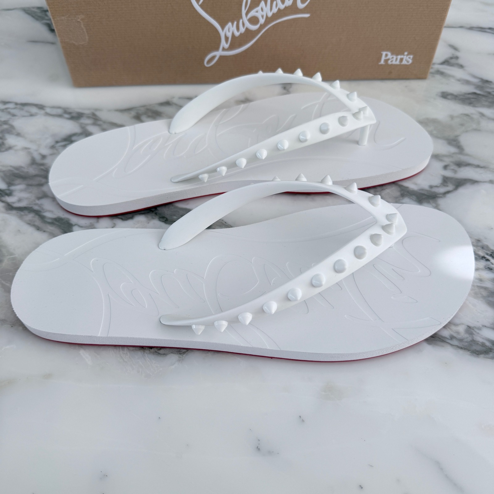 Christian Louboutin 1201016 Mens Loubi Spiked White-Red Rubber Flip Flops, 46